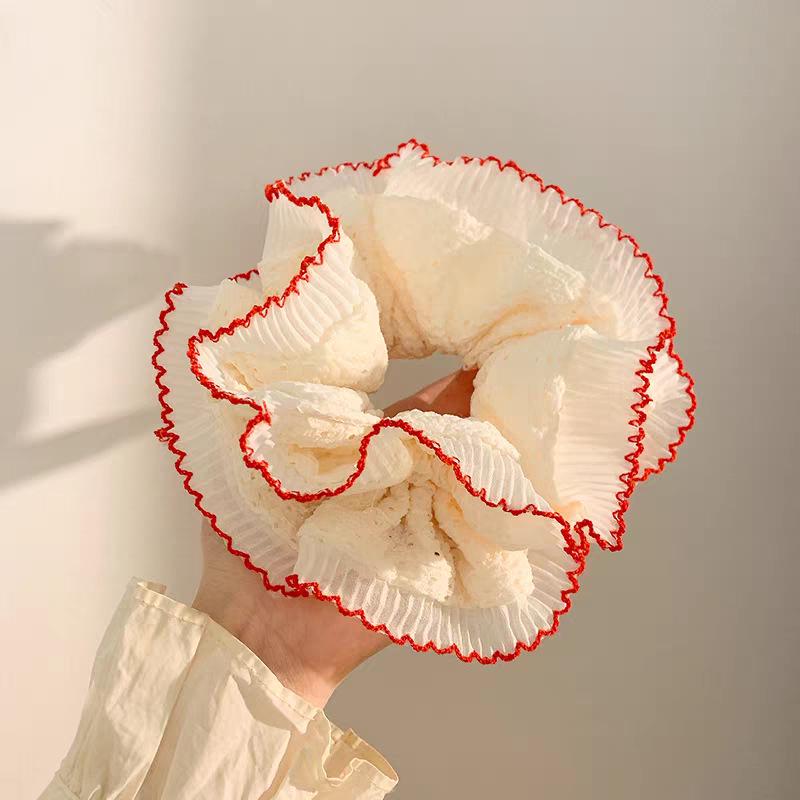 Korean Style Red & Blue Color Block Plaid Hair Tie – Cute Childlike Large Scrunchie