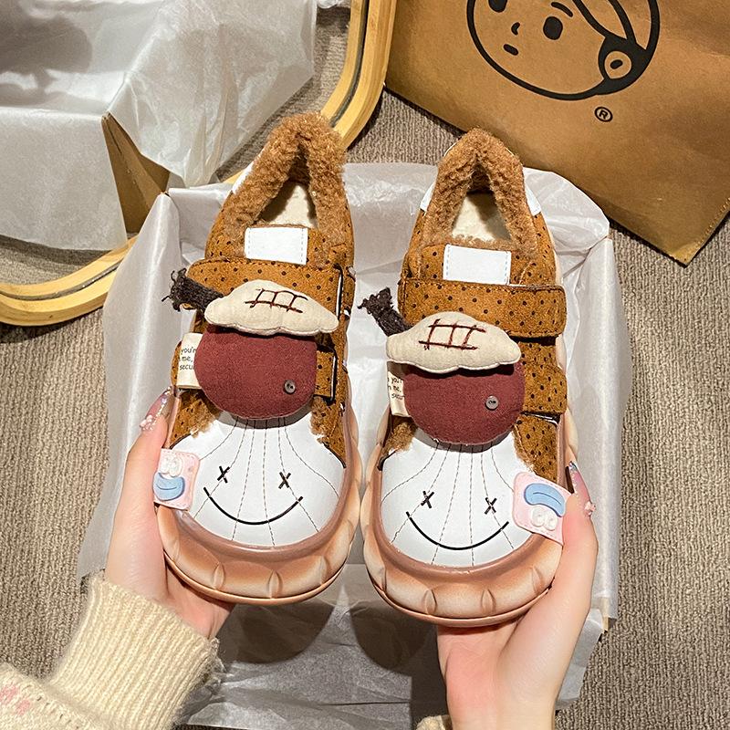 Women's fashion cartoon lightweight soft sole winter warm fur one snow boots padded lining non-slip casual sports cotton boots