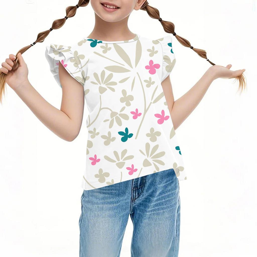 Children's Casual Short-Sleeved Pleated Cute Floral Printed Round-Neck Top