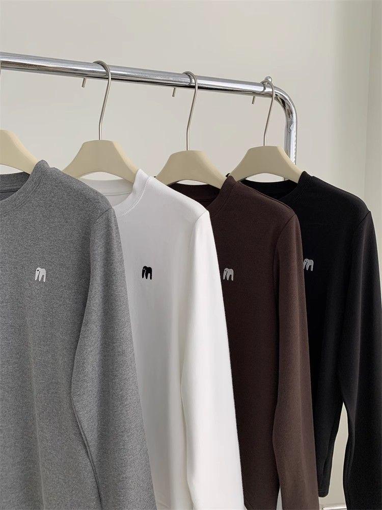 Korean-Style Embroidered Women's Thickened Long Sleeve T-Shirt