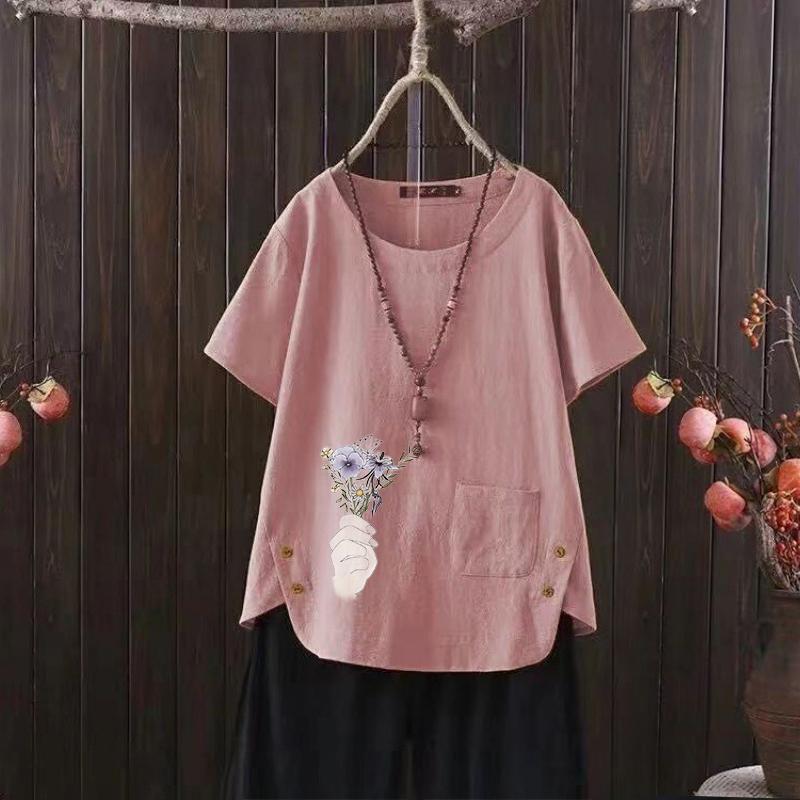 2025 Summer Nordic Flower Print V-neck Cotton Hemp Women's T-shirt - Ideal for Everyday Wear