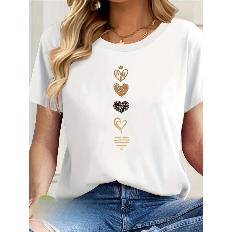

European Size Elegant Art Pattern Printed Women S Short Sleeve T-Shirt | Casual Style, Spring/Summer Season, Applique Details 4XL білий