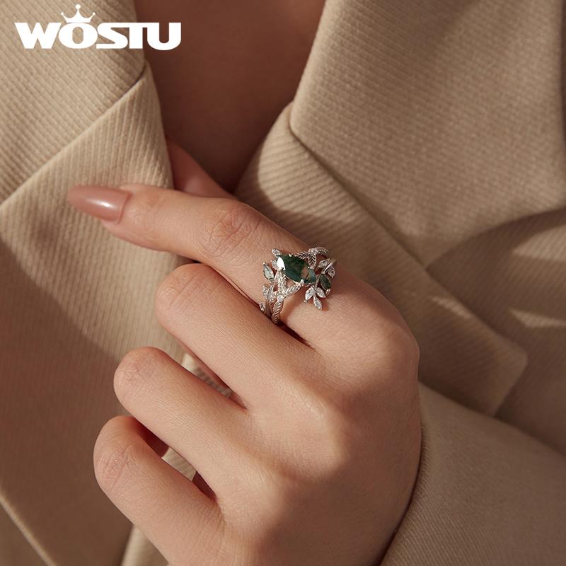 WOSTU Natural Moss Agate Leaf Stackable Ring For Women 925 Sterling Silver Open Rings With CZ Inlaid Vintage Gems Party Jewelry