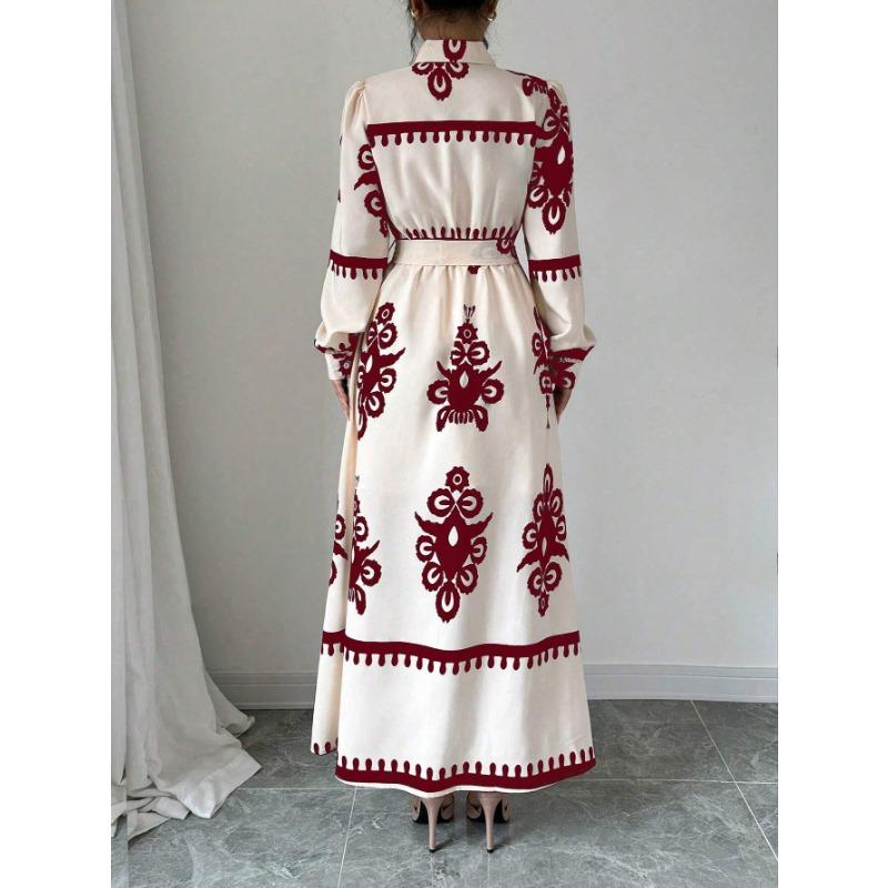 Women's Long Sleeve Geometric Print Maxi Dress Button Down With Waist Belt