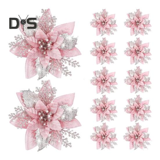 12 bucăți Poinsettia cu sclipici Ornamente de Crăciun cu tulpini de cleme Flori artificiale pentru decorarea coroanei de nuntă pentru pomul de Crăciun