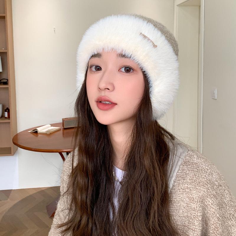 Hat Women'S Big Head Circumference Knitted Wool Hat Winter Warm Thickened Plush Hat Versatile Contrasting Color Ear Protector Cold Hat