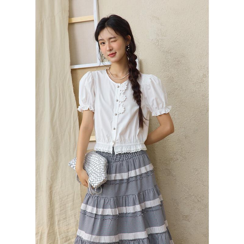 Sweet Lace Floral Button Short-Sleeve Blouse S