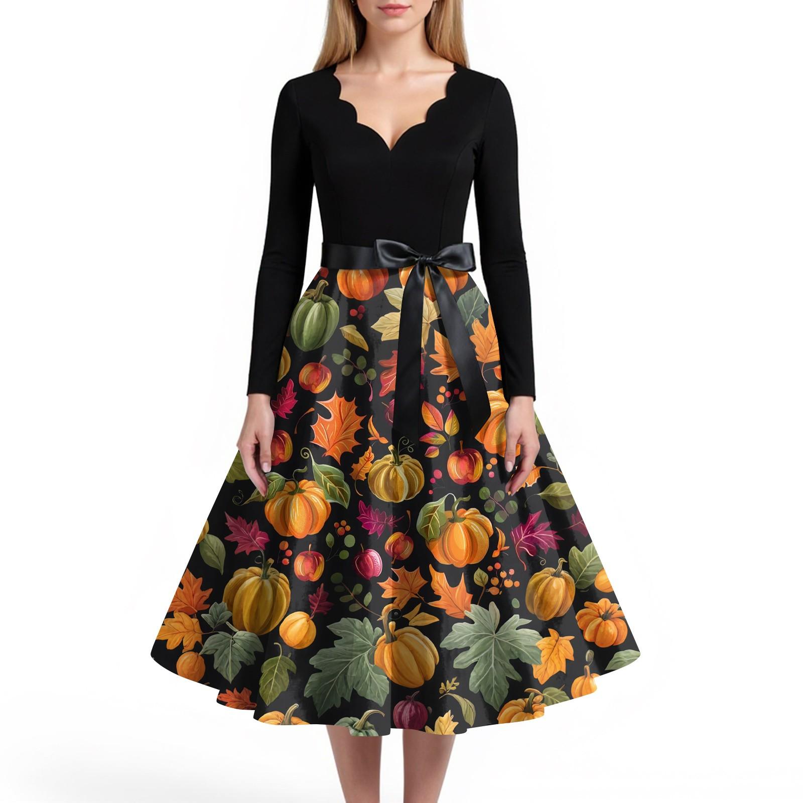 

Женское повседневное и модное платье с V-образным вырезом и длинными рукавами с принтом на Хэллоуин XXL жёлтый