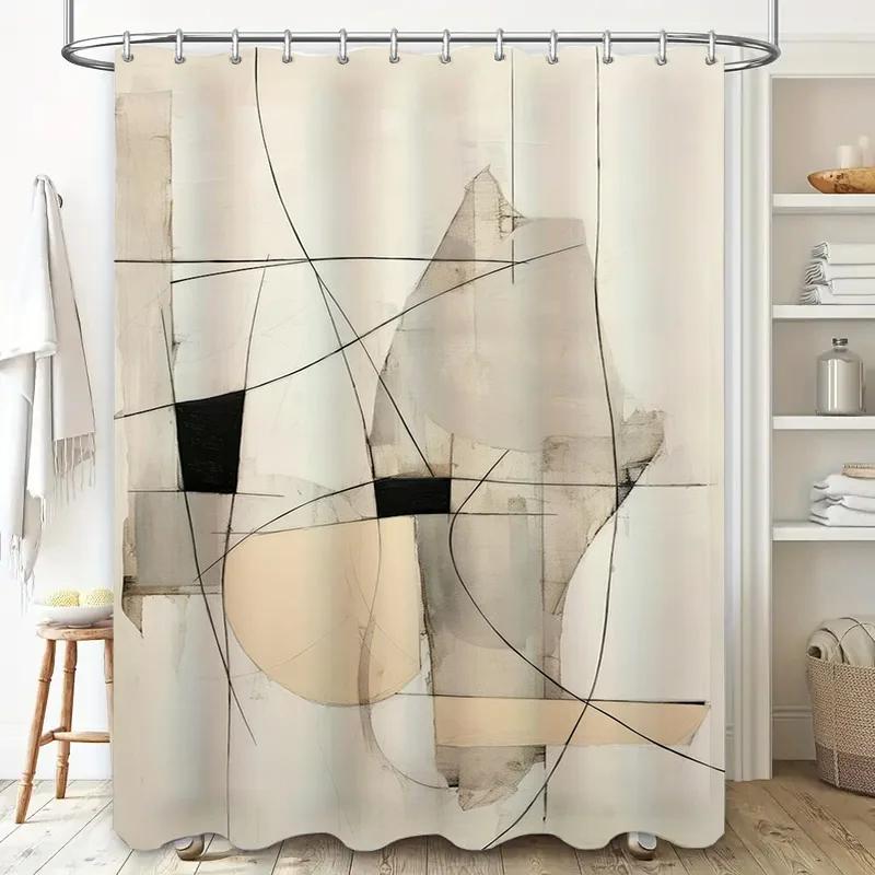 White Shower Curtain with Black Abstract Design for Bathroom Decor Modern Interior Decoration
