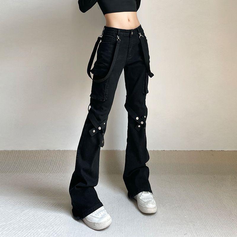 

European and American Women s Clothing Metal Leg Pocket Bootcut Trousers Punk Black S