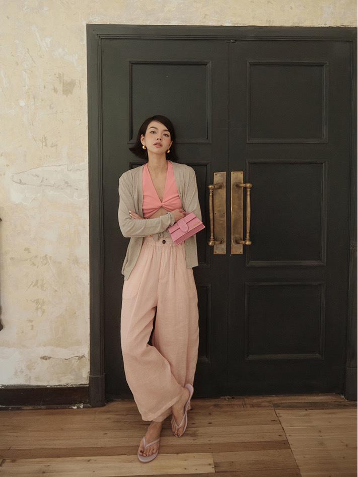 2024 Summer Arrival: Women's Shrimp Pink Tulle Linen Wide-Leg Long Pants