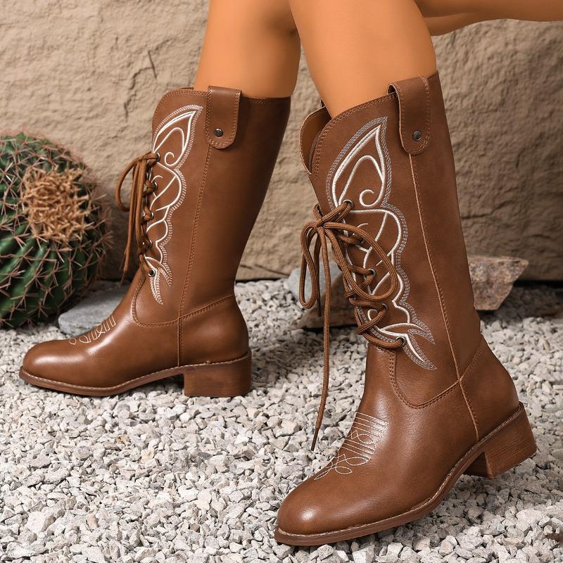 Autumn New Retro High Tube Lace-up Western Cowboy Boots Women's Foreign Trade Versatile Thick Heel Strap Embroidered Knight Boots