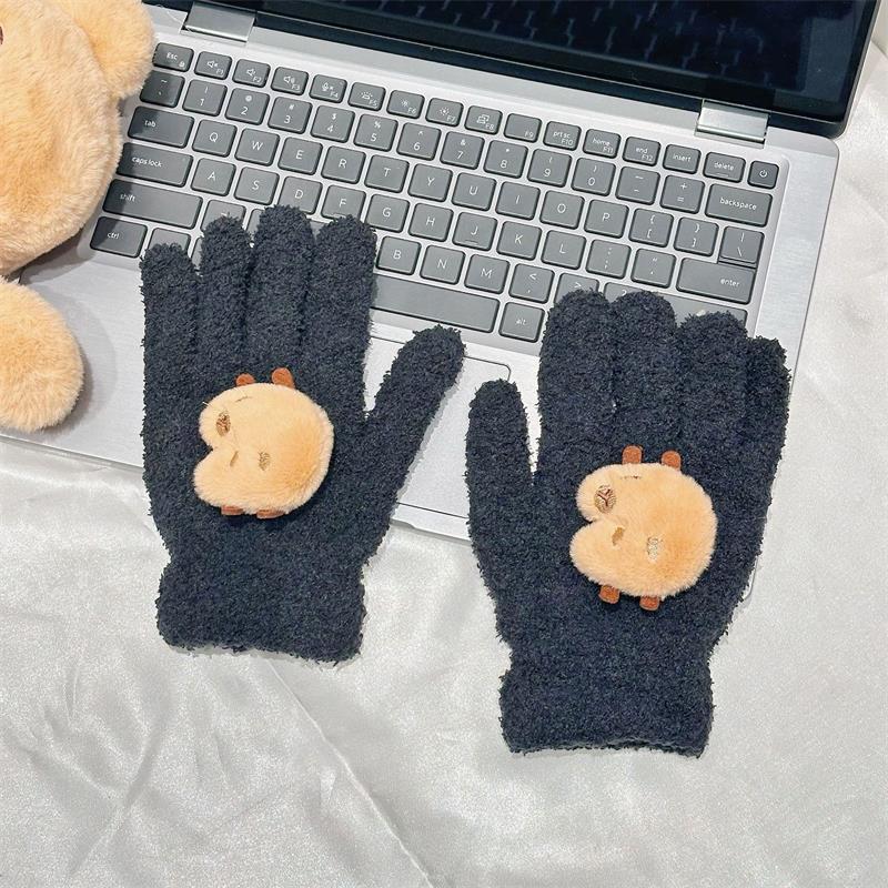 Cute Capybara Gloves Plush Coral Fleece Cold-Proof Gloves Five-Finger Gloves Student Winter Warmer Gloves Girly Christmas Gifts