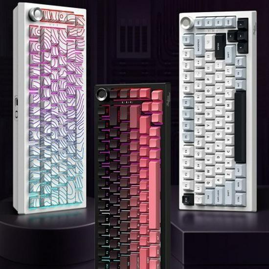 Custom Three-Mode Mechanical Keyboard: Wireless Bluetooth, Gaming & E-Sports with Side-Engraved Keycaps, Tri-Color Design & Control Knob.