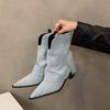 Boots Short Boots Women's Shoes Spring and Autumn 2024 New Summer Brown Western Cowboy Coarse Heel Pointed Pants Boots