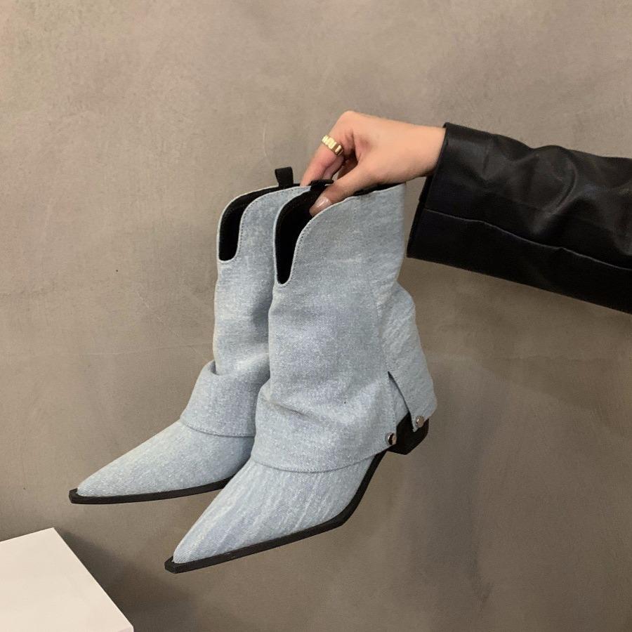 Boots Short Boots Women's Shoes Spring and Autumn 2024 New Summer Brown Western Cowboy Coarse Heel Pointed Pants Boots