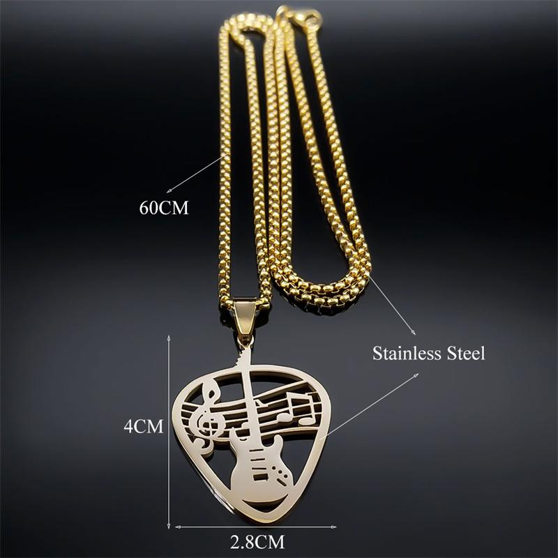 Music Guitar Pick Pendant Necklace for Women/Men Stainless Steel Gold Color Punk Bass Note Chain Necklace Party Jewelry collar