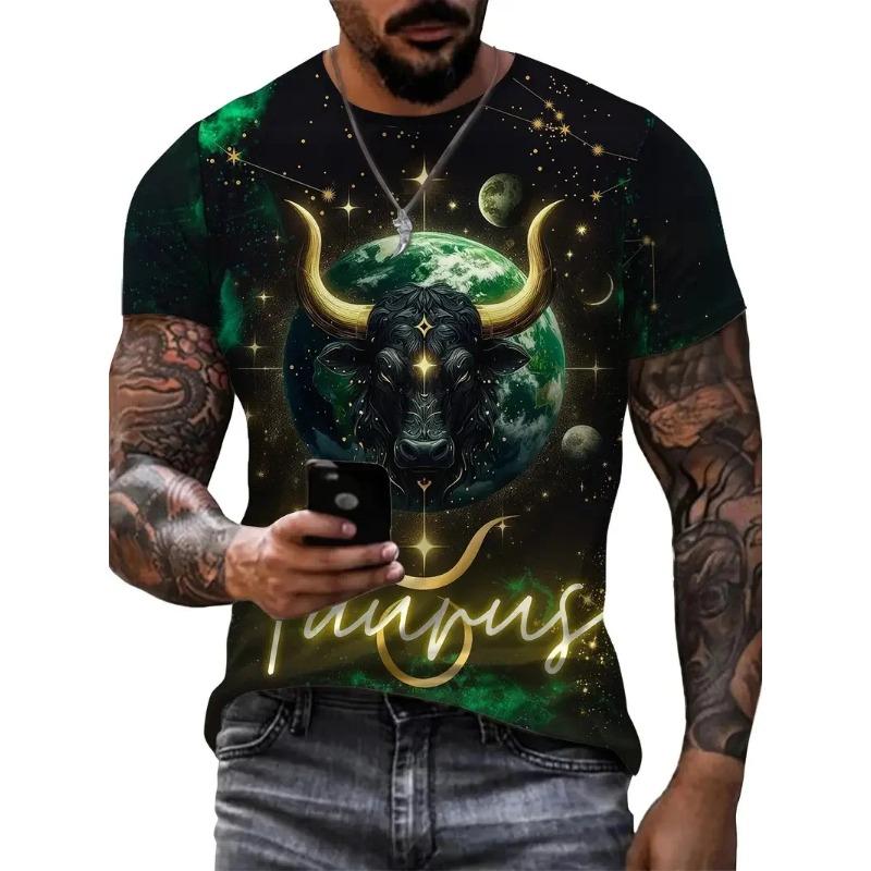 Summer Round Neck 3D Funny Bull Graphic Print Top Fashionable Casual Short Sleeved Men's T-shirts