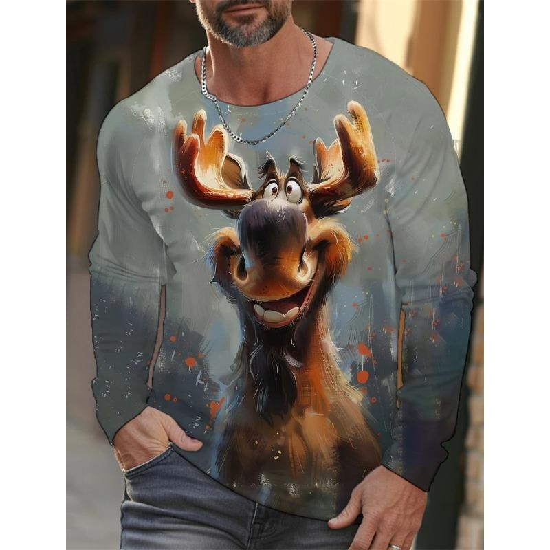 Spring and Autumn Round Neck 3D Printed Funny Animal Pattern Top Fashionable Casual Long Sleeved Men's T-shirts