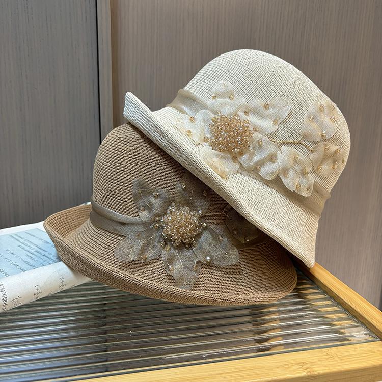 Elegant Curled Bowler Hat Women'S Spring And Summer Shopping Versatile Knitted Bucket Hat British Retro Sunshade Basin Hat