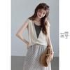 VICTORIA&VERA Faux Two-Piece Linen Blend Deep V-Neck Knit Top