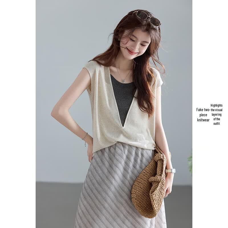 VICTORIA&VERA Faux Two-Piece Linen Blend Deep V-Neck Knit Top