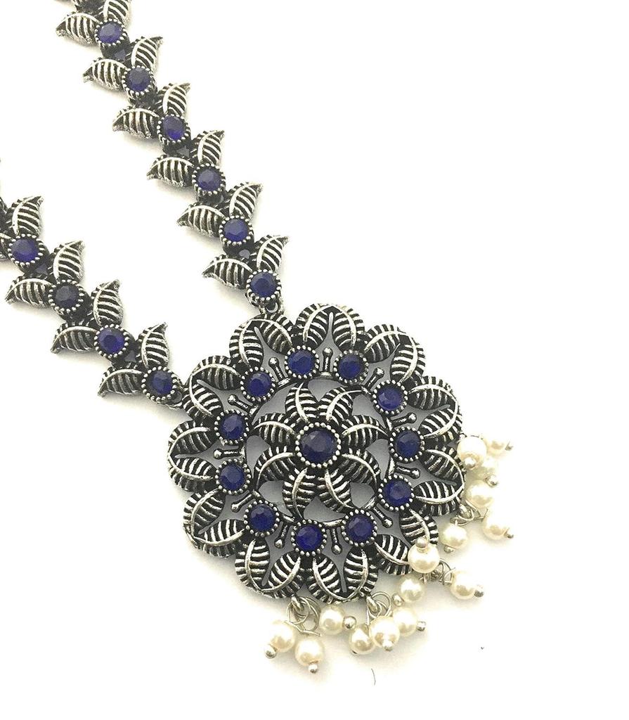 Traditional German Silver Pearl Leaf Designer Oxidised Jewellery Set for Women & Girls