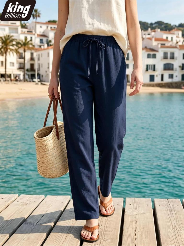 Women's Beige Linen Blend Straight Leg Pants, Drawstring Elastic High Waist Loose Fit Breathable Casual Beach Vacation Ankle Trousers