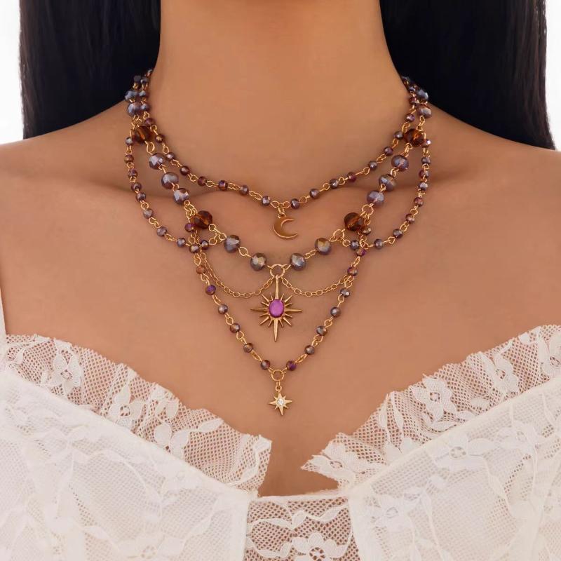 

Vintage and Trendy Chain Bead Moon Pendant with Multiple Layers of Necklace, Women s Y2k Personalized Holiday Party Accessories