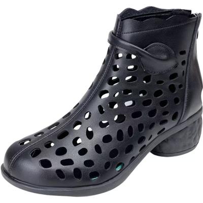 Stivali Estivi Primaverili da Donna con Tacco a Blocco alla Caviglia Stivale Fresco in Pelle Traforato Punta Tonda Ampi Traspiranti Stivali a Grotta Sandali Alti