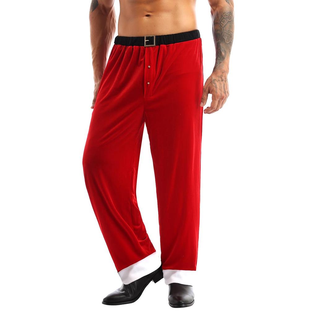 Mens Santa Claus Pants Christmas Cosplay Costume Red Soft Velvet Long Loose Trousers