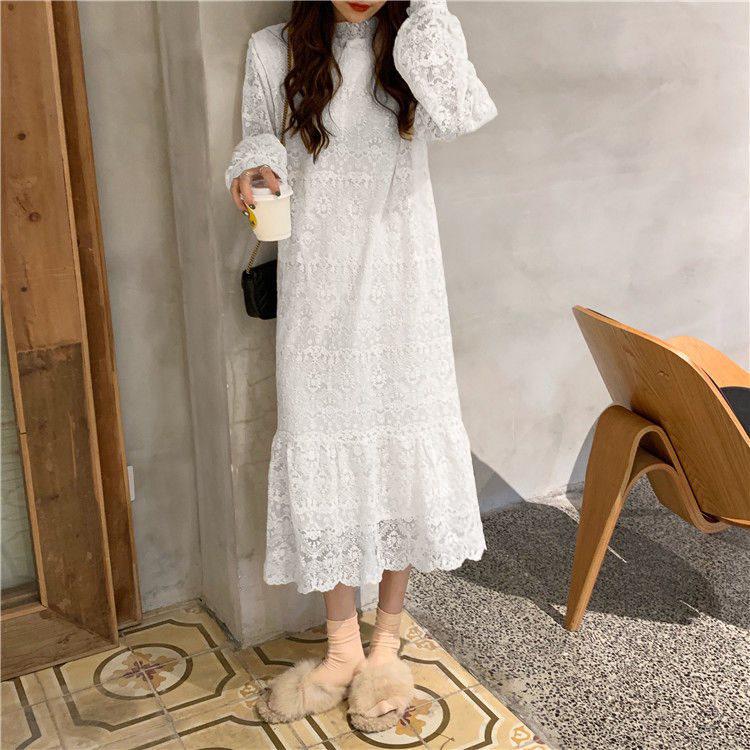 

2025 Spring Super Fairy Lace Mid-Length Dress with Velvet Lining - Elegant Loose Fit for Women M (100-110 jin)