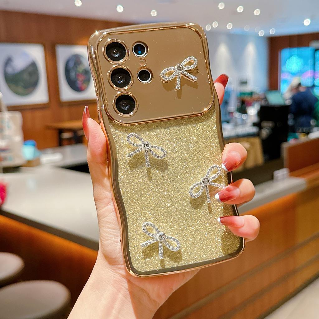 Pro pouzdro Samsung Galaxy S24 Ultra Elektroplátovaný vlnitý rámeček Třpytivý TPU kryt na telefon s ozdobou mašle z kamínků
