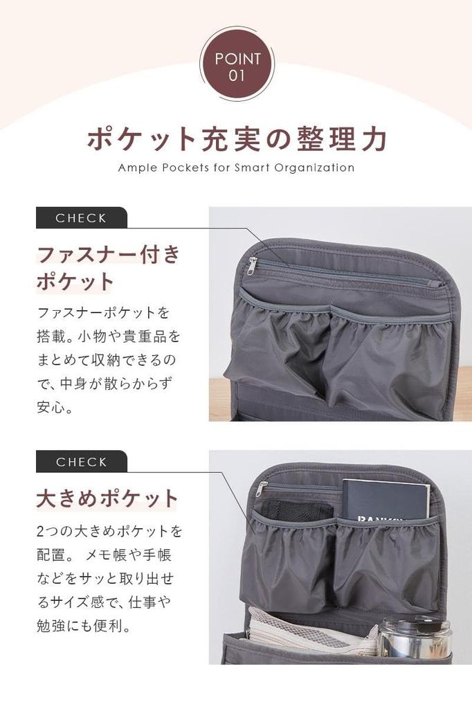 Water-repellent, lightweight, large-capacity backpack-in-bag with drink holder and multiple pockets for organization and storage. Stylish inner bag