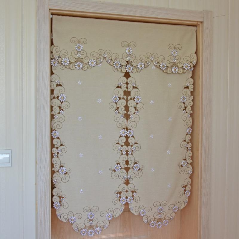 Rideau Court Kaki Clair Tissu Brodé Rideau de Porte Marguerite Rideau Élégant pour Chambre Salon Salle de Bain Cuisine, Sans Tringle, 1 pièce