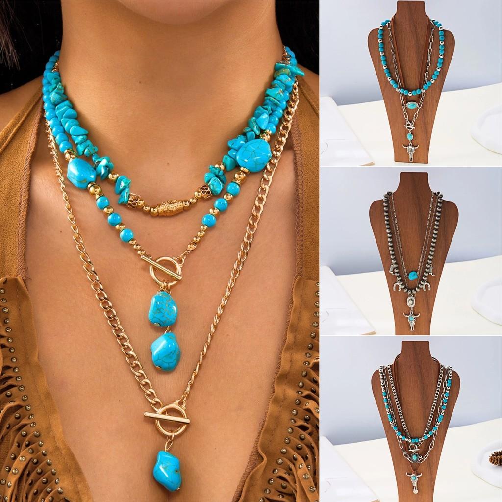 Retro Western Cow Hat Necklace Chain Pack With Turquoise And Alloy Accents For Women