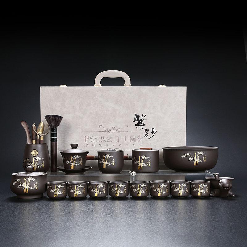 Lila Sand Schritt für Schritt Gaosheng Kung Fu Tee-Set, Handbemaltes Gold-Set, Teekanne, Haushalt Rohmineral Schlamm Teekanne, Teetassenset
