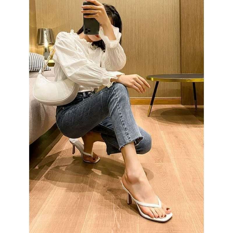 Mezzanine flip-flops shoes women's stiletto high heels, new models in summer 2025, fashionable outer wear, square head cool slippers, comfortable