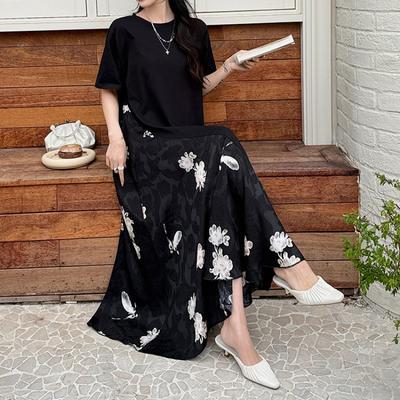 Women's Spring Summer Plus Size Black Patchwork Jacquard Satin Chinese Style Short Sleeve Dresses