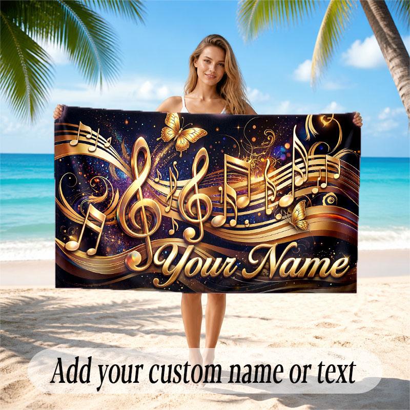 Music General Theme Beach Towel Personalized Custom Name & Text Soft Quick Dry Beach Towel for Swimming Travel
