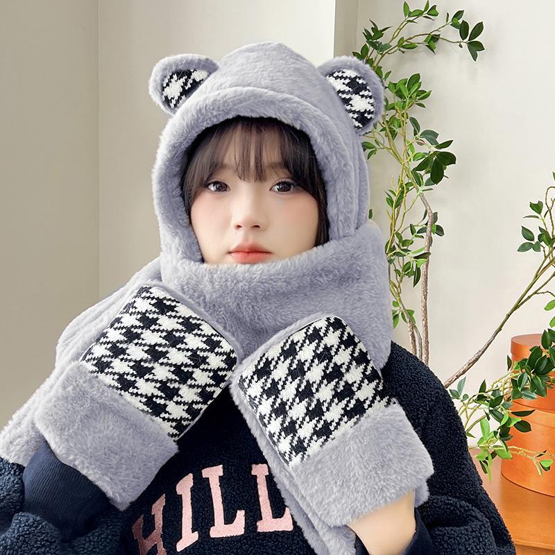 Women's Cozy Fox Ear Plush Hat with Integrated Scarf - Warm, Soft Lei Feng Design for Autumn and Winter. Perfect Ear Protection for Students.
