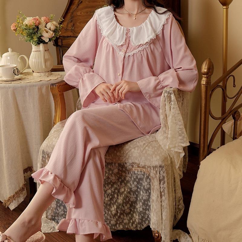 Women Korean Court Style Lace Trim Long Sleeve Loose Pajama Homewear Set