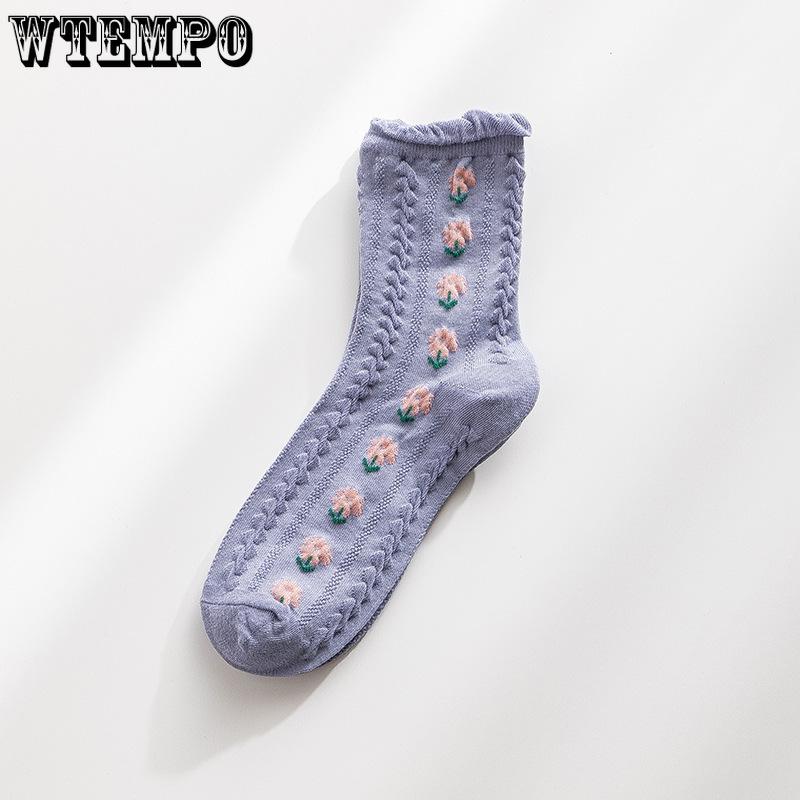 5pcs Socks Women Spring and Summer Jk Mid-calf Socks Wooden Ear Edge Japanese Cute Flower Girl Socks Sweet Lolita Cotton Stockings
