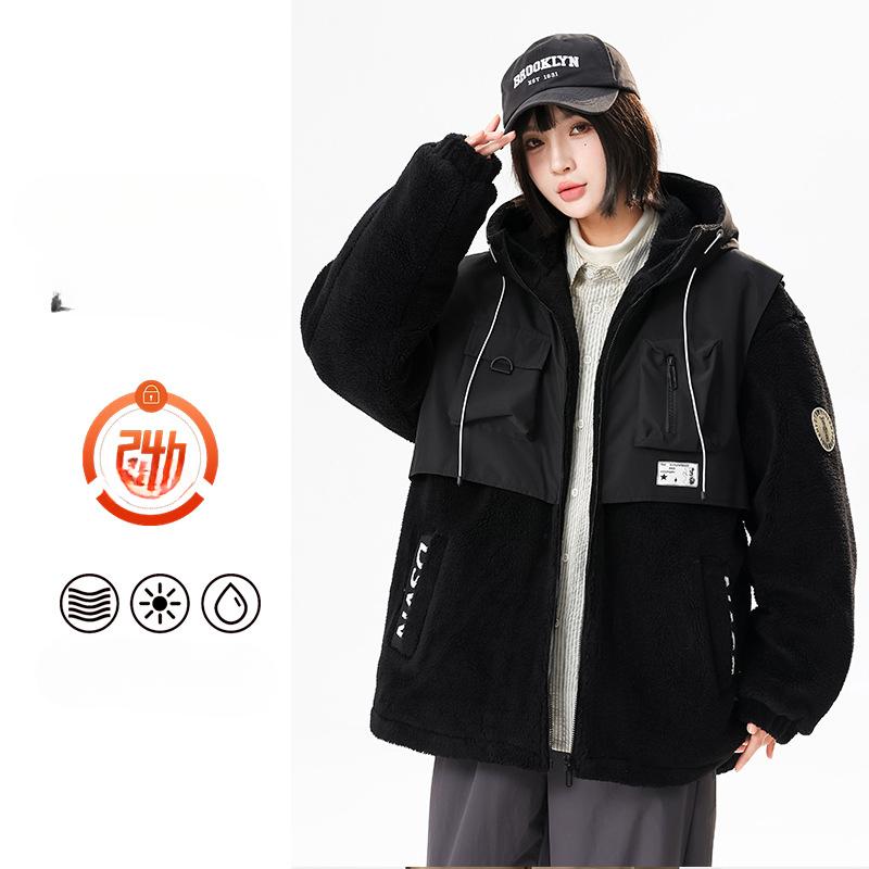 New Style of Lamb Velvet Jacket Hong Kong Fashion Brand Thickened Fashionable Warm Splicing Couple Model