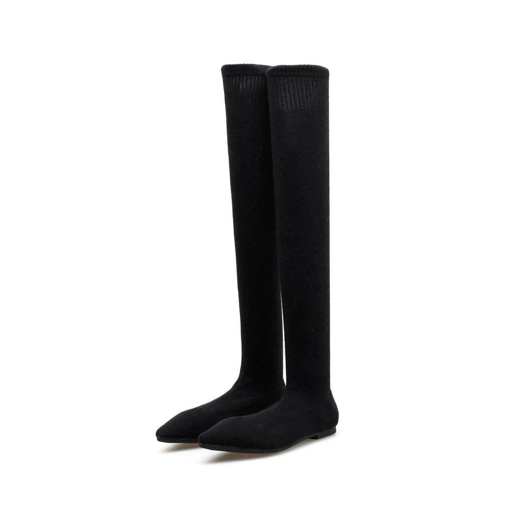 Größe 34-40 Mode Schlanke Bein Oberschenkelhohe Sockenstiefel Damen Schwarz Stretchstoff Spitze Flache Absätze Über das Knie Zum Hineinschlüpfen Schuhe