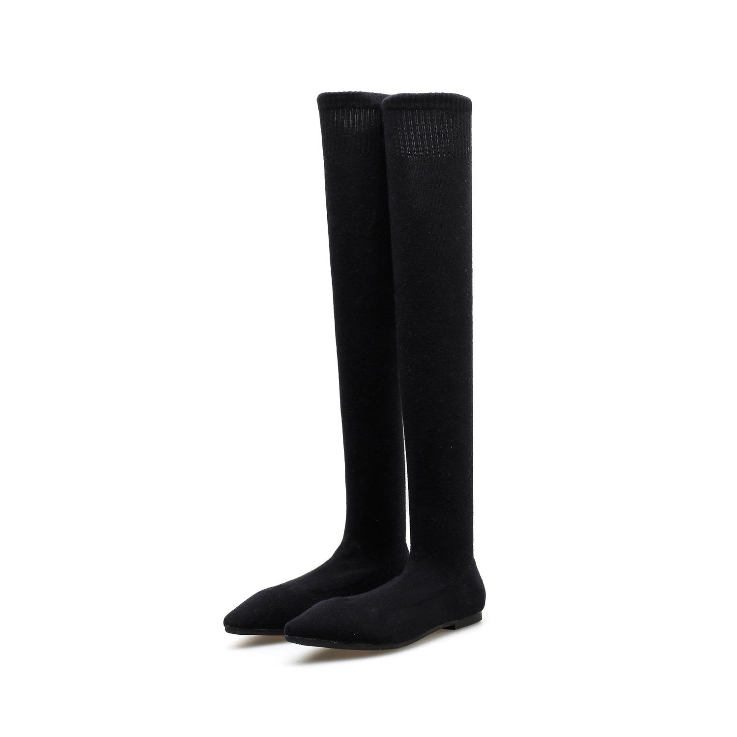 

Size 34-40 Fashion Slim Leg Thigh High Sock Boots Women Black Stretch Fabric Pointed Toe Flat Heels Over The Knee Slip On Shoes 40 чорний