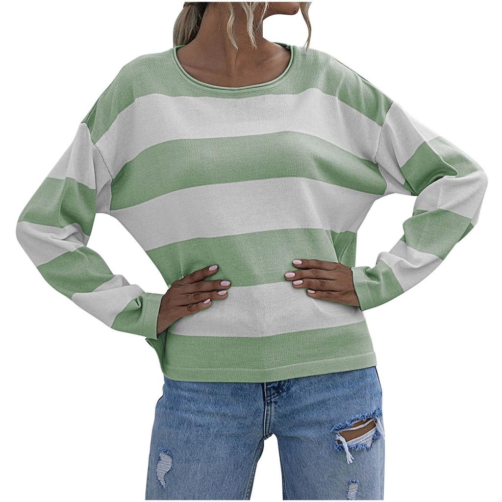 Autumn and winter new women's clothing casual loose knitted sweater striped color matching crew neck sweater