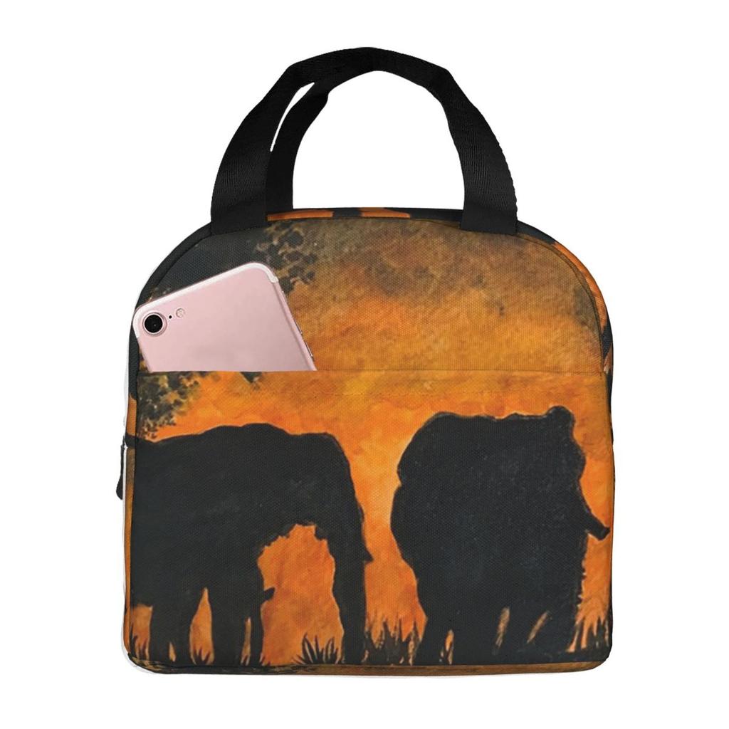 Dusk Elephant Herd African Savannah Elephant Insulated Lunch Bag for Women Kids Leakproof Food Boxes Thermal Lunch Box Tote