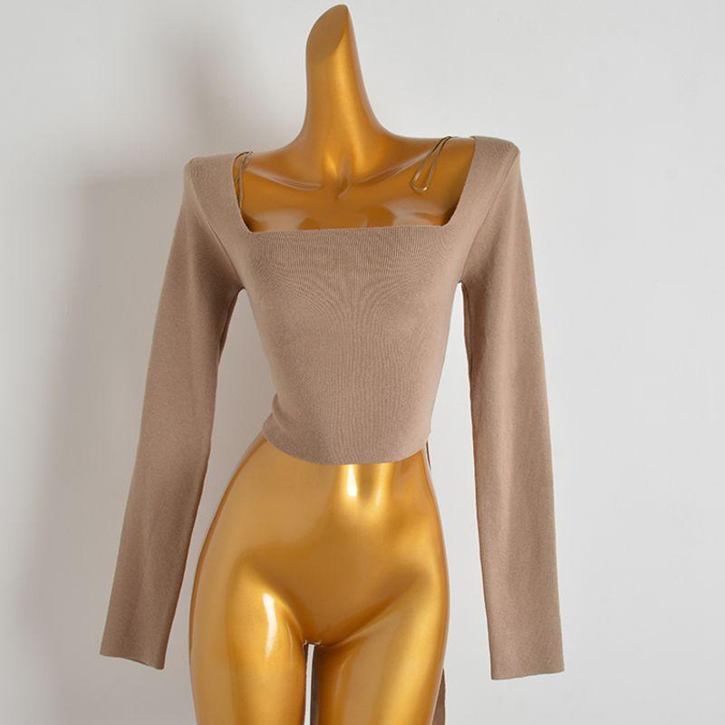 

Модный стиль Сексуальный открытый вырез на спине Квадратный вырез Короткий трикотаж Deep khaki XS