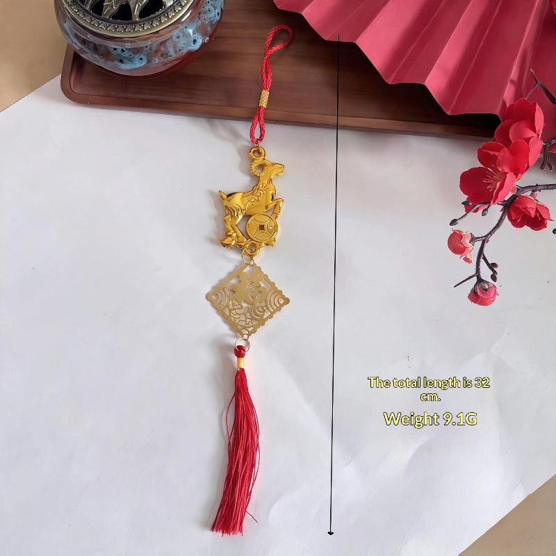 Auspicious Golden Plated Year of Goat Hanging Ornament Red Tassels for Lunar New Year Party Home Decor